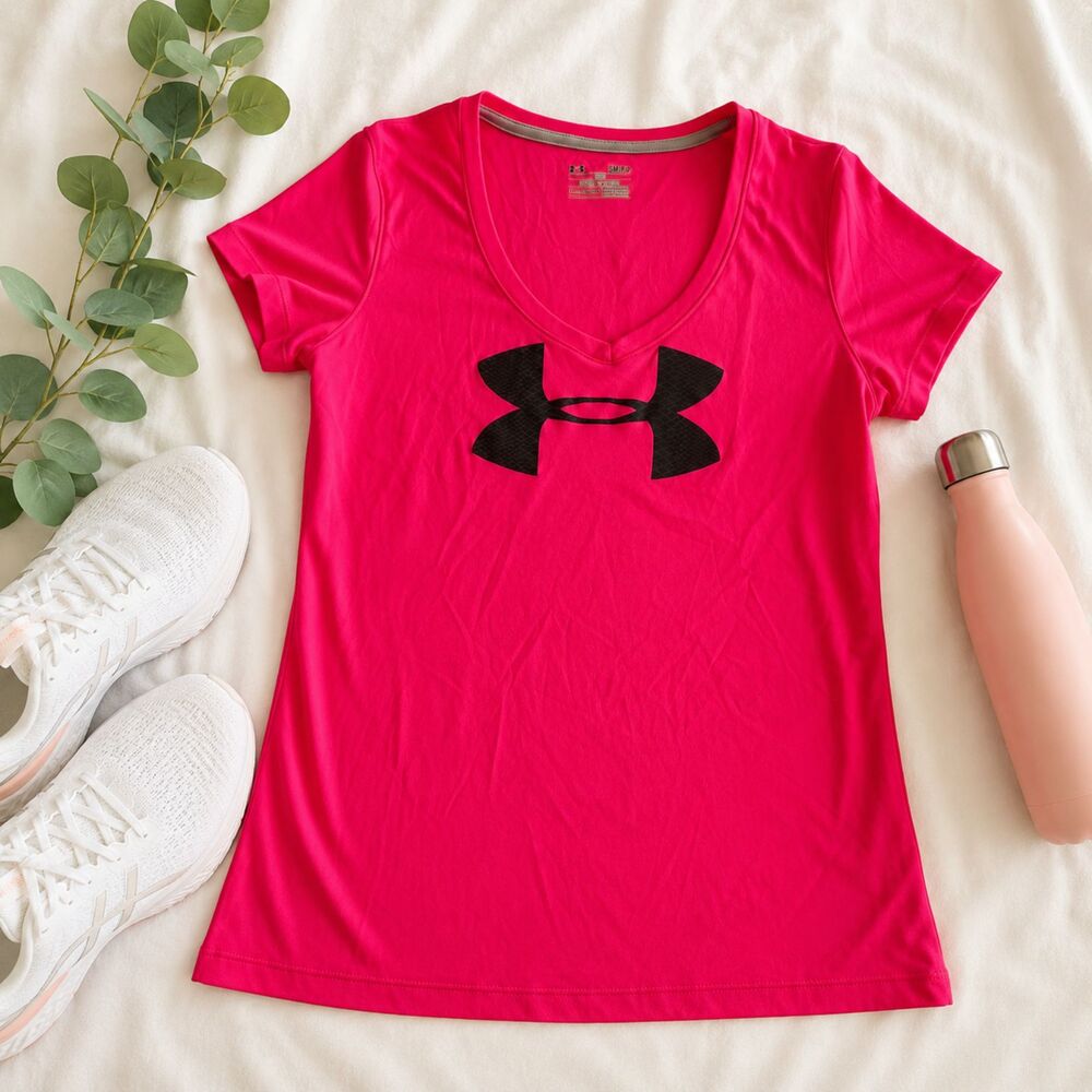 Women's Under Armour HeatGear Big Logo V-Neck T-Shirt, Hot Pink, Size: S